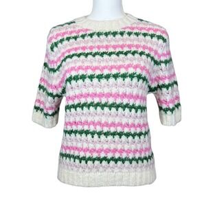 ZARA Striped Knit Sweater Short Sleeve Crew Neck‎ Cream Pink Green Size S